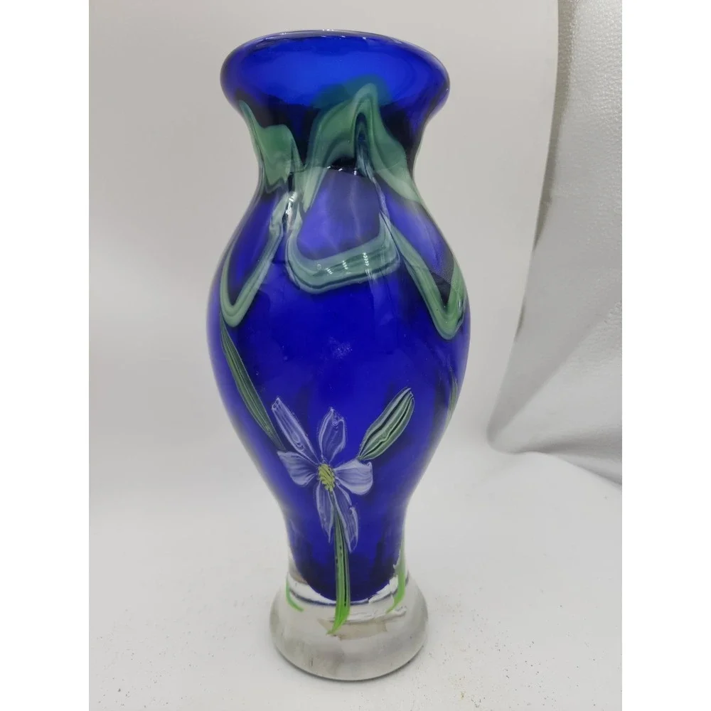 Art Glass Vase Cobalt Blue With White Flower 10